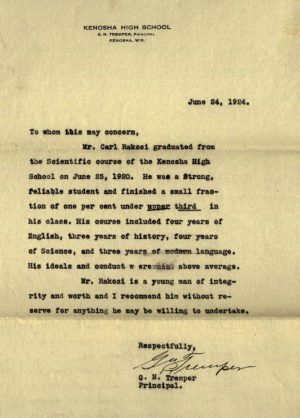 Recommendation letter from Rakosi's high school principal, G. N. Tremper.