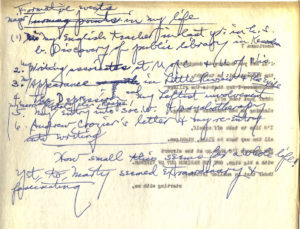 Handwritten note on major events in Carl Rakosi's life
