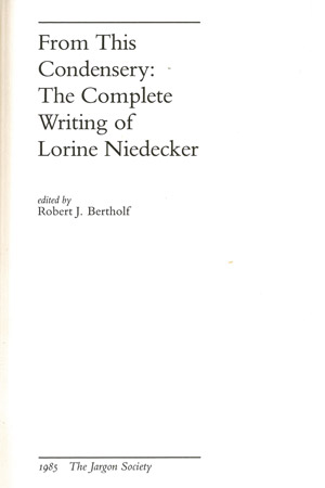 Title page of Lorine Niedecker's From this Condensary